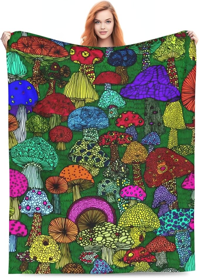 Colorful Mushroom Throw Blanket Soft Flannel Blanket 60"x50" in Bed Blanket Home Decor for Room Sofa Couch All Season