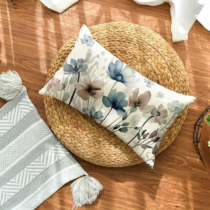 AVOIN colorlife Poppy Flowers Chinoiserie Spring Throw Pillow Cover, 12 x 20 Inch Blue Brown Seasonal Leaves Cushion Case Decoration for Sofa Couch Farmhouse