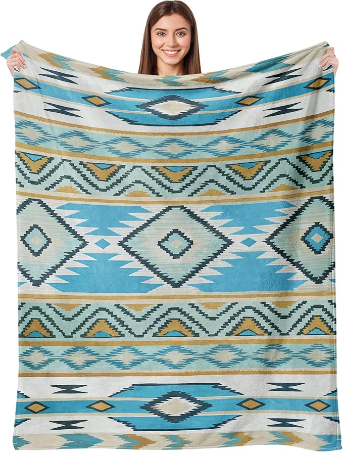 Aipon Boho Aztec Throw Blanket 40"x 50", Western Indian Native American Blanket Southwestern Decor, Teal Soft Cozy Lightweight Throws Blankets Gifts for Women Men Couch Bed Sofa Chair