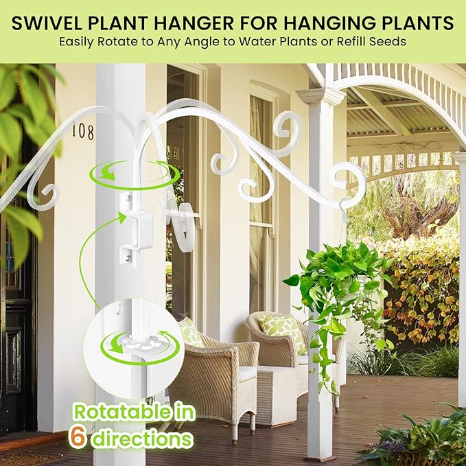 Swivel Plant Hangers Outdoor: 4 Pack 16 Inch Metal Hanging Plant Bracket Bird Feeder Wall Hooks Heavy Duty Plant Hangers Indoor Wall Mount Plant Hooks for Hanging Baskets, Lanterns, Wind Chimes, White