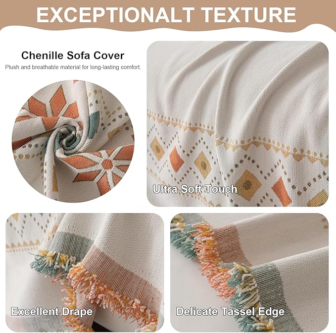 VClife Boho Couch Cover White Geometric Jacquard Sofa Cover 1 Piece Large Couch Covers for 2 Cushion Couch Sofa Washable Plush Chenille Sofa Protector for Living Room Bedroom 71x118 Inch