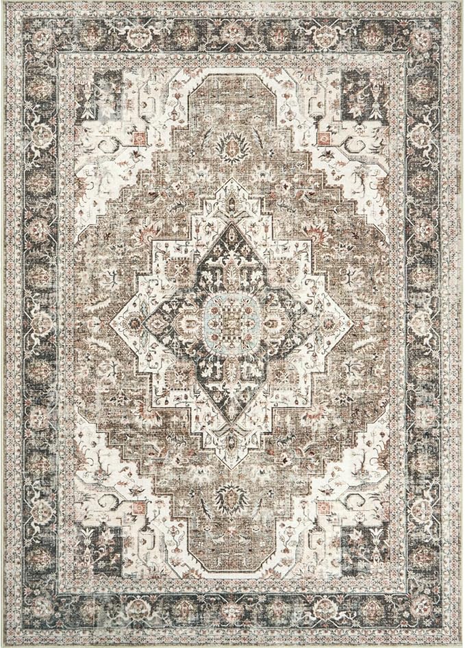 3x5 Area Rug - Washable Kitchen Rugs Non Slip,Soft Low Pile Small Rug for Entryway, Stain Resistant Vintage Area Rugs for Home Decor(Brown/Beige, 3'x5')