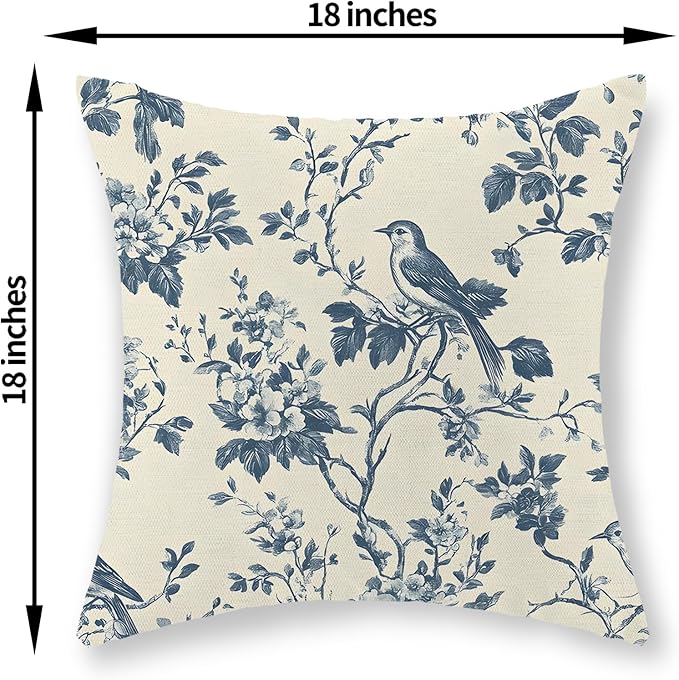 Chinoiserie Pillow Covers 18x18 Inch Set of 2 Blue Floral Bird Throw Pillows Vintage Blue Flower Decorations Pillow Cases Outdoor Chinoiserie Decor Farmhouse Linen Cushion Cover for Couch Home