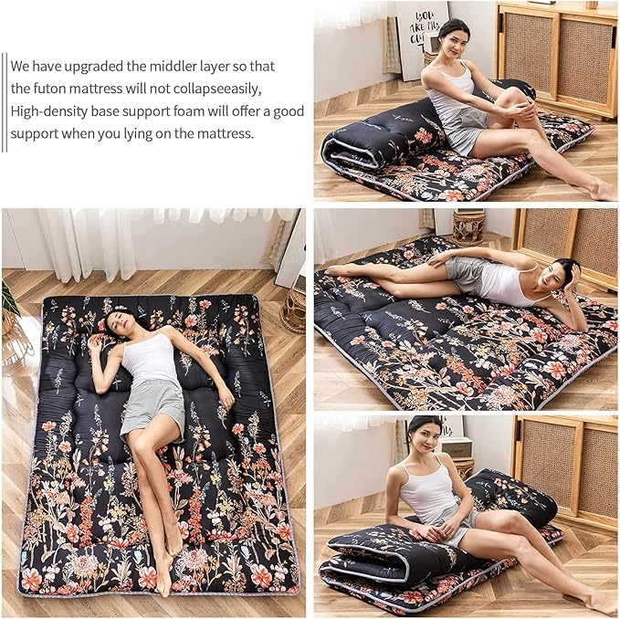 MAXYOYO Black Floral Japanese Futon Floor Mattress, Bed Mattress Topper Portable Thick Sleeping Pad Floor Bed Roll Up Camping Mattress Folding Couch Bed Mattress Pad for Guest Room, Twin Size