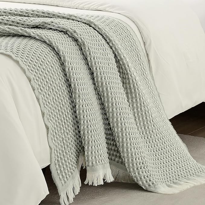 CREVENT Farmhouse Boho Knitted Throw Blanket for Couch Sofa Chair Bed Home Decoration, Soft Warm Cozy Light Weight for Spring Summer Fall (50''X60'' Waffle Green)
