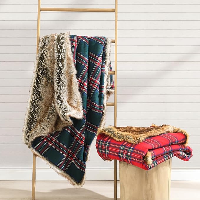 HORIMOTE HOME Luxury Plush Faux Fur Throw Blanket with Red Plaid Pattern, Super Warm, Fuzzy, Elegant, Fluffy Decoration Christmas Holiday Blanket for Couch, Armchair, Sofa and Bed, 60''x 80''