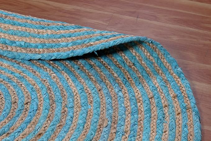 Circle Area Rug - 3 Ft' Round Blue Natural Chindi Cotton Jute Mat Geometric Kilim Rug Indoor Outdoor Use Flatweave Rugs for Bedroom Bedside Round Dining Table Mat Hall & Kitchen