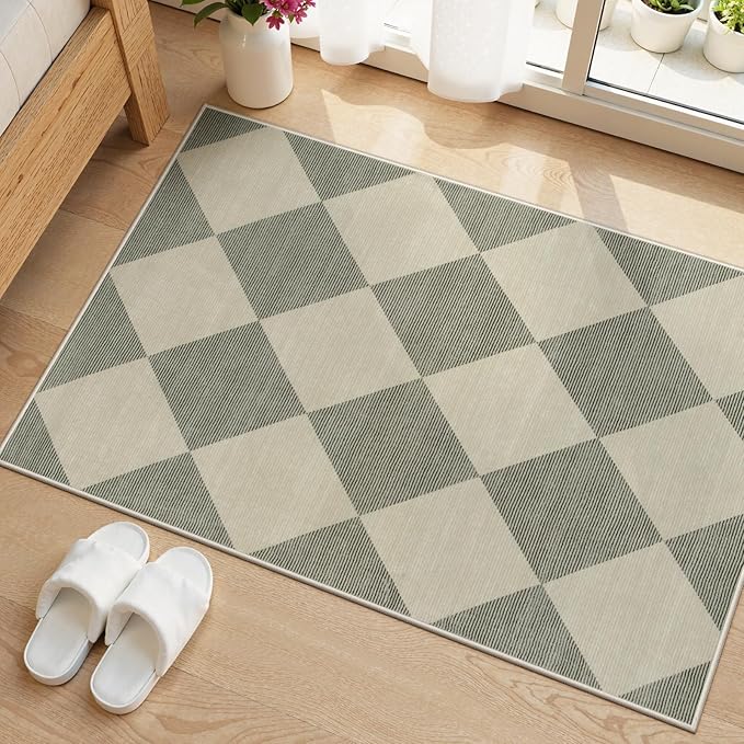 Beeiva Checkered Washable Entryway Rug 2x3, Non Slip Ultra Thin Green Front Door Mat Indoor Entrance Low Pile Small Kitchen Rug, Moroccan Contemporary Decor Neutral Accent Carpet for Bedroom Bathroom