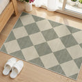 Beeiva Checkered Washable Entryway Rug 2x3, Non Slip Ultra Thin Green Front Door Mat Indoor Entrance Low Pile Small Kitchen Rug, Moroccan Contemporary Decor Neutral Accent Carpet for Bedroom Bathroom