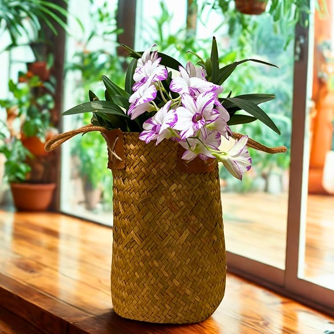Handwoven Straw Orchid Pot Cover Basket – Decorative Woven Planter for Phalaenopsis, Flower Vase for Living Room, Entryway, or Tabletop – Natural Khaki (Rustic Woven Basket Planter)