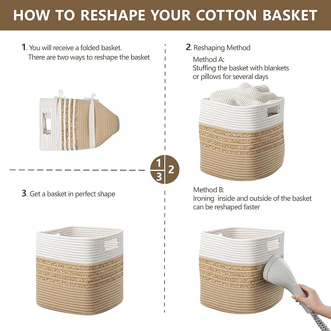 UBBCARE Set of 3 Storage Cubes 13 X 13 X 13 in, Water Hyacinth Storage Bins for Shelves, Toys, Book, Storage Baskets with Handles, Cotton Rope Woven Baskets for Organizing, Brown