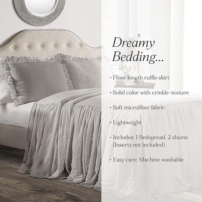 Lush Decor Ruffle Skirt Bedspread Set - 3-Piece Luxurious Farmhouse Bedding - Elegant Ruffle Detail - Timeless Style - Soft Lightweight Sheets - King, Grey