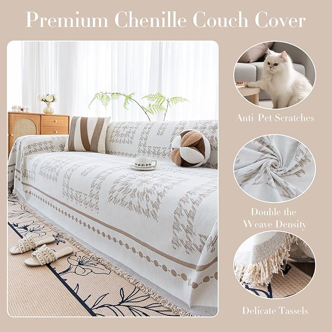 Houndstooth Couch Cover Blanket, Couch Blanket Cover, Boho Couch Cover, Chenille Sofa Covers Washable, Large Couch Covers for 2-3 Cushion Sofa(1pc/Khaki/71×118")