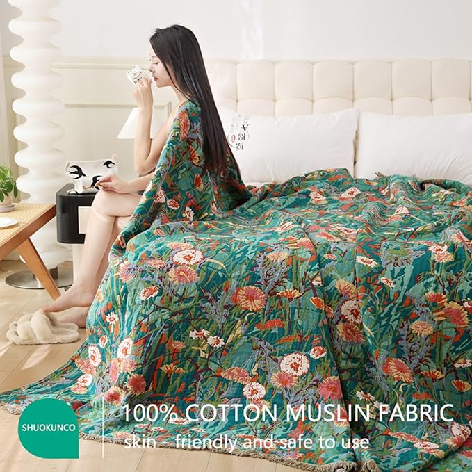Boho Throw Blanket for Bed 100% Cotton Ultra Soft Rustic Quilt Floral Printed Farmhouse Decor Fall Bed Blankets,80"×90" All Season Rustic Large Throw for Sofa Couch Chair