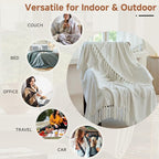 Simple&Opulence Soft Chenille Throw Blanket 50'' x 60'' - Cozy Fluffy Blanket with Fringe Tassel, Farmhouse Boho Blankets for Couch Bed Office Chair Gift Home Decor All Season Use, Cream