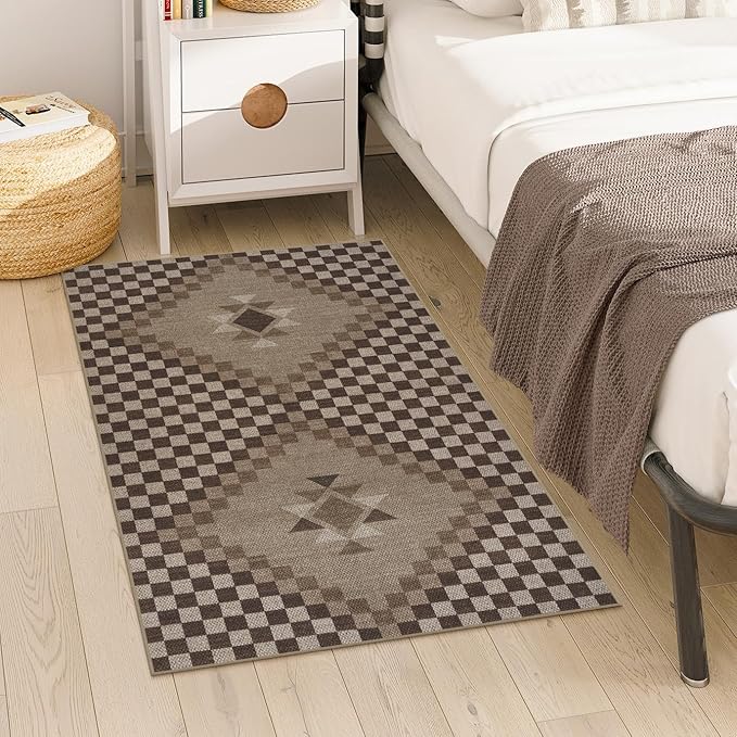 LIVEBOX Easy Jute 3x5 Washable Rug, Non Slip Farmhouse Kitchen Rugs, Brown Checkered Indoor Entrance Rugs Throw Mat with Rubber Backing, Ultra Thin Indoor Outdoor Porch Rug Patio Courtyard