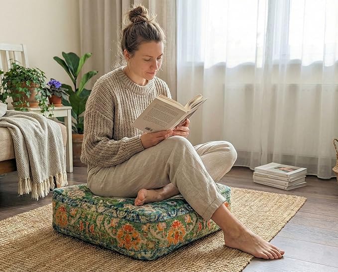 Mandala Life ART Moroccan Pouf Ottoman Cover Green Square Meditation Pillow Case Boho Room Décor Moroccan Seating Area Perfect for Living Room, Bedroom, Nursary or Children Room Cotton 24x8 Unstuffed
