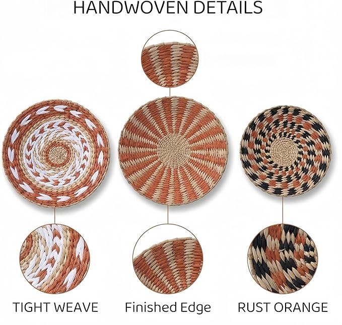Pwryon Deosur 3PCS Boho Wall Basket Decor – Handmade Bulrush Woven Tray Baskets for Wall Hanging, Rustic Farmhouse Wall Art for Living Room & Bedroom (Orange)