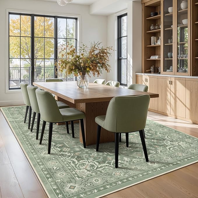 8x10 Sage Green Rugs for Living Room, Modern Vintage Medallion Washable Large Rug for Playroom Bedroom, Cozy Cottagecore Low Pile Thin Soft Carpet Rugs for Dining Room Soft Green