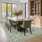 Sage Green Living Room Rug 6x9, Washable Non Slip Rug for Dining Room Under Table, Modern Vintage Medallion Low Pile Thin Carpet Rugs for Bedroom Den Home Office, Cozy Cottagecore Soft Green