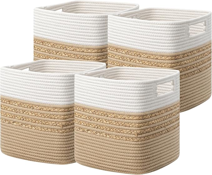 UBBCARE Set of 4 Storage Cubes 13 X 13 X 13 in, Water Hyacinth Storage Bins for Shelves, Toys, Book, Storage Baskets with Handles, Cotton Rope Woven Baskets for Organizing, Brown