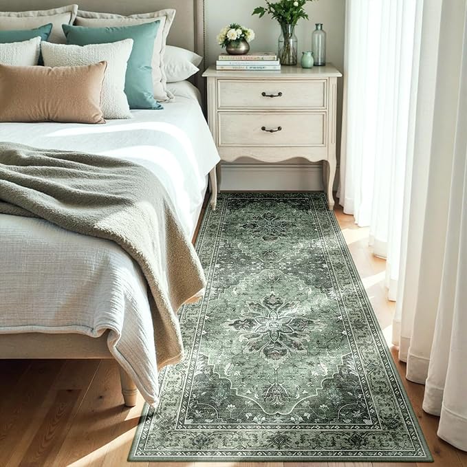 Area Rugs 3'x7' Runner Rug Non Slip Washable for Kitchen Hallway Bedroom Beside Laundry Room Bathroom Rug, Floor Carpet, Dark Green Gray