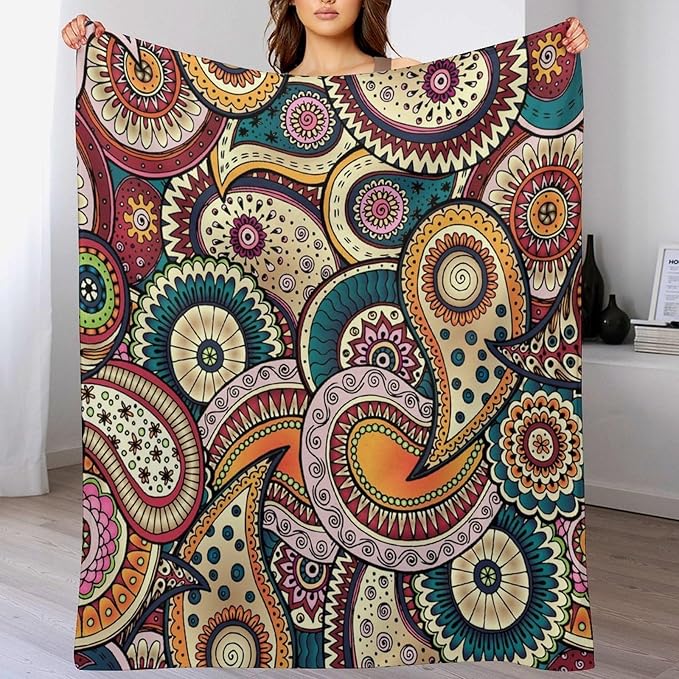 Indian Boho Throw Blanket Mandala Design Colorful Bohemian Floral Paisley Blanket for Sofa Bed Couch Chair Or Dorm 70"x80"