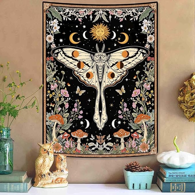 Aipon Boho Moth Tapestry Vintage Floral Flowers Tapestries Aesthetic Retro Mushroom Tapestries for Bedroom Sun and Moon Indie Small Tapestry Wall Hanging for Living Room Dorm 48 x 36 Inch