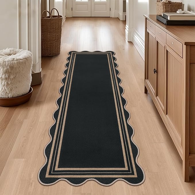 Easy Scalloped 2x6 Runner Rug for Hallway, Washable Kitchen Rugs Non Slip Outdoor Indoor Black Hallway Rug, Farmhouse Morden Carpet for Porch Bedroom Laundry