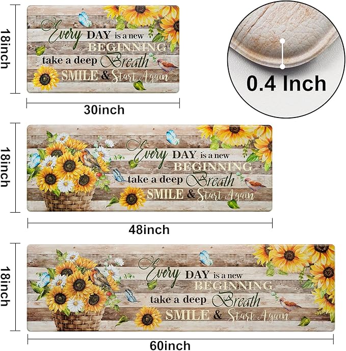 Likiyol Sunflower Kitchen Mats for Floor [3 PCS] Anti Fatigue Mats for Kitchen Floor, Floral Farmhouse Kitchen Rugs Non Slip Washable Comfort Kitchen Decor Mat, 18'' x 30'' + 18'' x 48'' + 18'' x 60''
