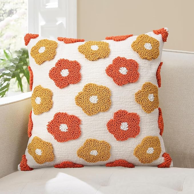 Adabana Chenille Flower Throw Pillow Cover 18x18 Boho Decorative Tufted Pillows Cover Soft Textured Accent Pillow for Couch Bed Sofa Living Room Bedroom, Yellow Orange