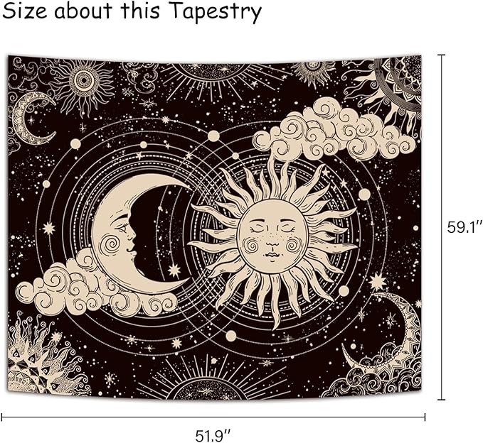 Wonrizon Sun and Moon Tapestry, Aesthetic Black Dark Spiritual Tapestries Mystic Burning Sun with Clouds Star Wall Hanging decor for Bedroom (59.1" x 59.1")