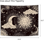 Wonrizon Sun and Moon Tapestry, Aesthetic Black Dark Spiritual Tapestries Mystic Burning Sun with Clouds Star Wall Hanging decor for Bedroom (59.1" x 59.1")