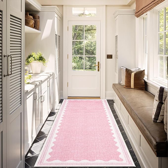 GarveeHome 2x10 Runner Rug for Hallway Washable Kitchen Rugs Non Slip Solid Pink Modern Minimalism Soft Low-Pile Scalloped Indoor Carpet for Entryway Laundry Room Floor Mats