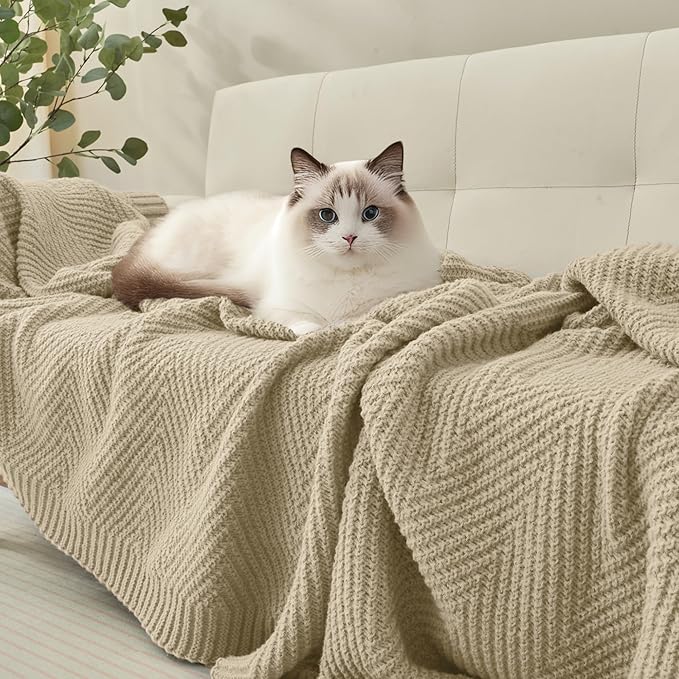 Knitted Throw Blanket 50"X60", Light Beige Knit Throws for Bed, Super Soft Boho Chevron Blankets for Couch Sofa Chair Room Decor, Textured Decorative Farmhouse Cozy Lightweight