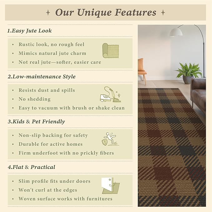 Easy Jute Neutral 3x6 Rugs for Entryway, Buffalo Plaid Outdoor Mat for Front Door, Washable Rugs for Entryway Indoor, Small Living Room, Non Slip Farmhouse Checkered Black and Beige Décor