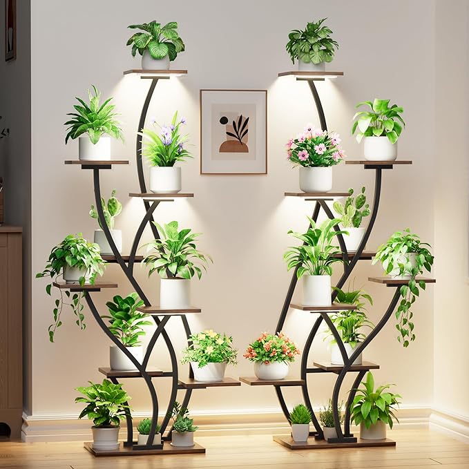 Plant Stand Indoor with Grow Lights - Lighted Plant Shelf Indoor Tall, 61" 9 Tier Large Plant Stands for Indoor Growing, 2 Pack Corner Flower Shelf, Winged Metal Holder for Home Living Room, Black