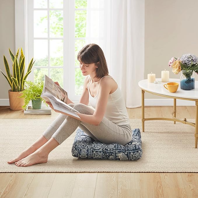 Codi Meditation Floor Pillow Set of 2, Large Pillows Seating for Adults and Kids, Bohemian Cushion for Fireplace Yoga Living Room Sitting, Memory Foam Added, 22x22 Inch Indigo Elephant