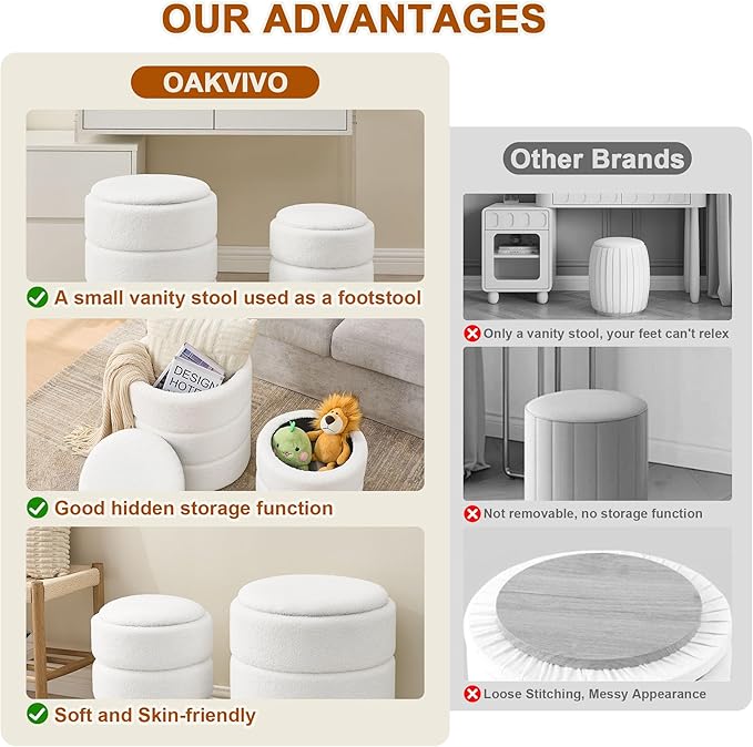 Round Ottoman with Storage Set of 2, Soft Teddy Velvet Upholstered Foot Stool Vanity Chairs, Support 330lbs Padded Seat Multifunctional Ottomans Footrest, Foot Rest for Living Room, White