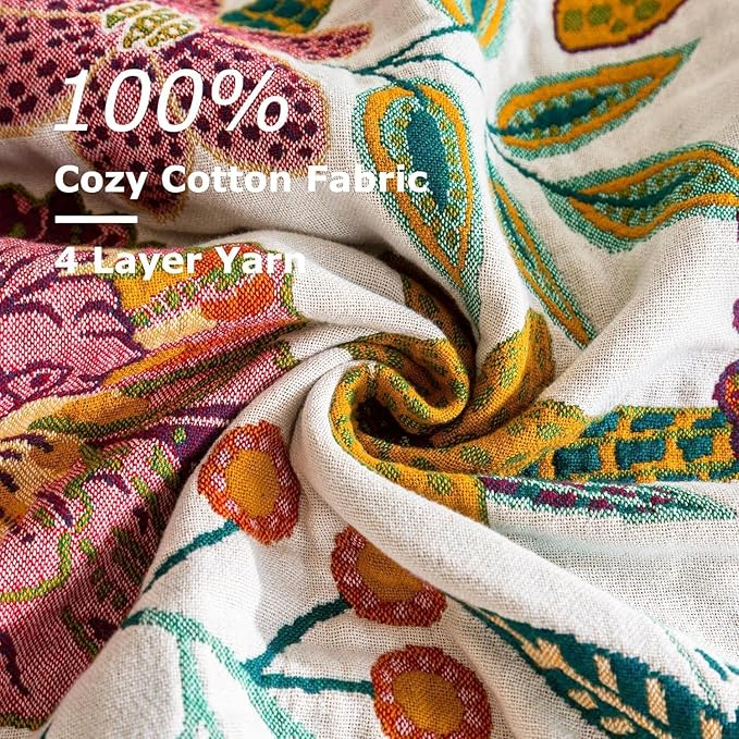 Boho Throw Blanket for Bed 100% Cotton Soft Breathable Quilt Floral Leaves Embroidery Home Decor Reversible Bed Spring Blankets,60"x80" All Season Twin Blankets for Sofa Couch Chair