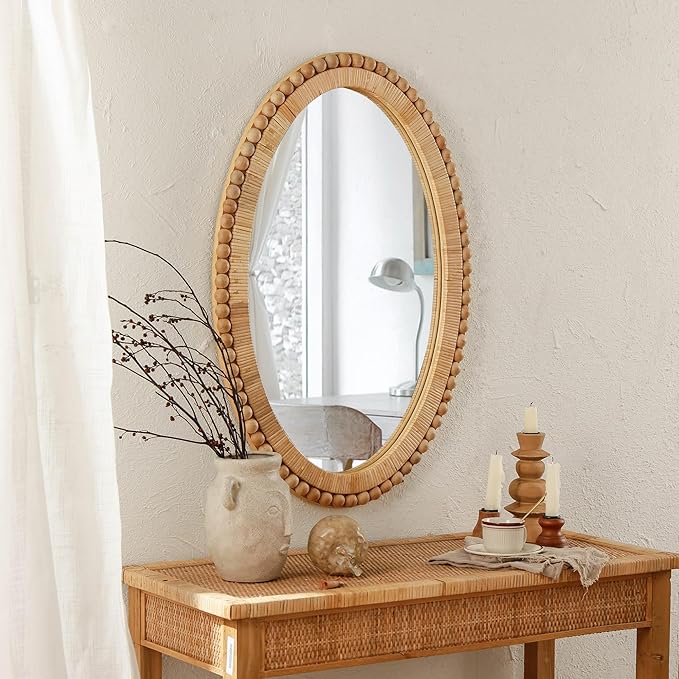 Rattan Wall Mirror - Boho Handmade Wicker Mirror Rustic Farmhouse Mirrors for Bathroom Entryway Wall Decor, 20" x 30", Oval