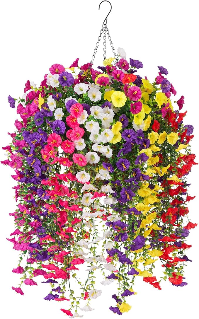 Artificial Flowers with Hanging Basket, Outdoor Faux Plants Silk Morning Glory Vines, Fake Petunias for Garden Patio Spring Summer Decor, 12 pcs Mixed Color