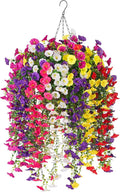 Artificial Flowers with Hanging Basket, Outdoor Faux Plants Silk Morning Glory Vines, Fake Petunias for Garden Patio Spring Summer Decor, 12 pcs Mixed Color