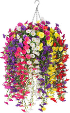 Artificial Flowers with Hanging Basket, Outdoor Faux Plants Silk Morning Glory Vines, Fake Petunias for Garden Patio Spring Summer Decor, 12 pcs Mixed Color