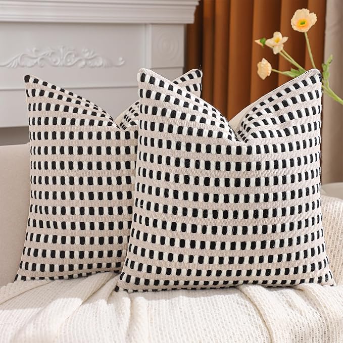 Tosleo Black and White Pillow Covers 18x18 Set of 2 Boho Throw Pillow Covers Stripe Tufted Decor Pillow Cases Accent Chenille Pillowcases Farmhouse Cushion Case Bohemian Nuetral Textured Pillow Cover