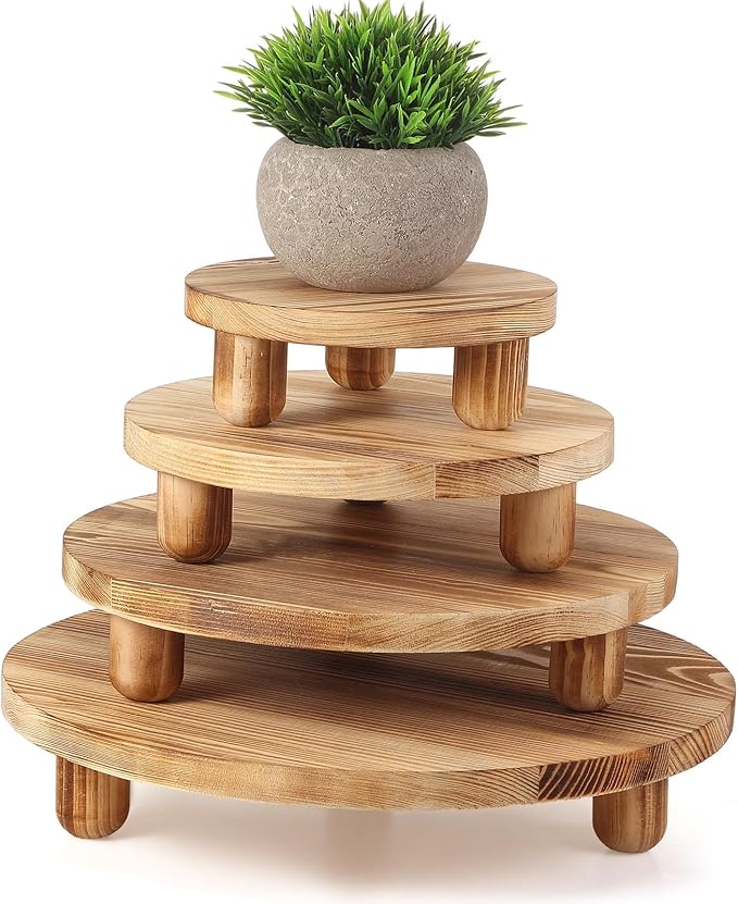 Sintuff 4 Pack Mini Wooden Plant Stool Display Wood Cake Stand 12/10/8/6 Inch Round Plant Risers Holder for Flower Pot Wooden Stool Indoor Outdoor Wood Stand(Wood Color)