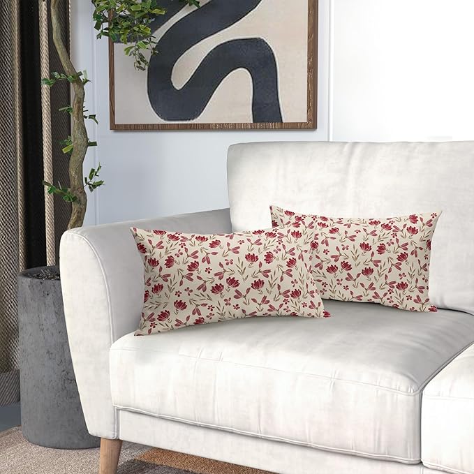 Brown Red Floral Pillow Covers 12x20 Set of 2 Vintage Rustic Old Style Cute Small Flower Print Rectangle Decorative Outdoor Pillowcases Farmhouse Throw Cushion Case Decor for Couch Sofa Bed