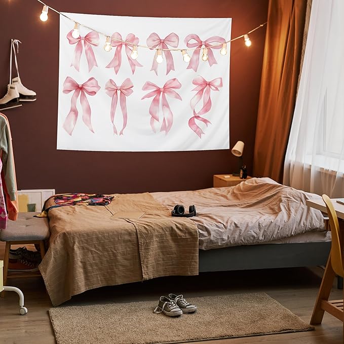 AQYIP Trendy Coquette Pink Bow Tapestry, Preppy Pink Tapestry, Girly Aesthetic Wall Blanket Decor for Girls Room Dorm Apartment Bedroom, 50x60 Inch