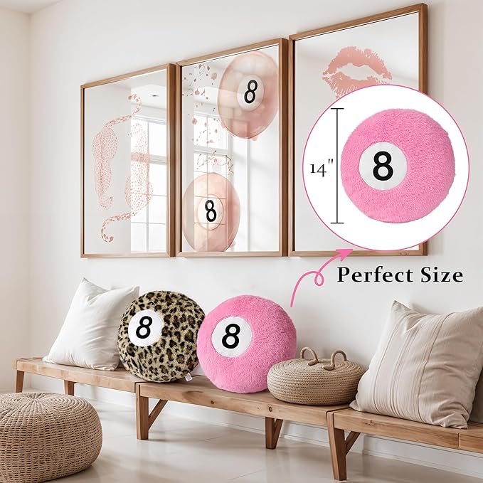 Dripykiaa Pink 8 Ball Throw Pillow, 14" Pink 8 Ball Round Plush Decorative Throw Pillow, Soft Aesthetic Cushion for Bedroom & Living Room, Trendy Pink Room Decor for Women & Teens