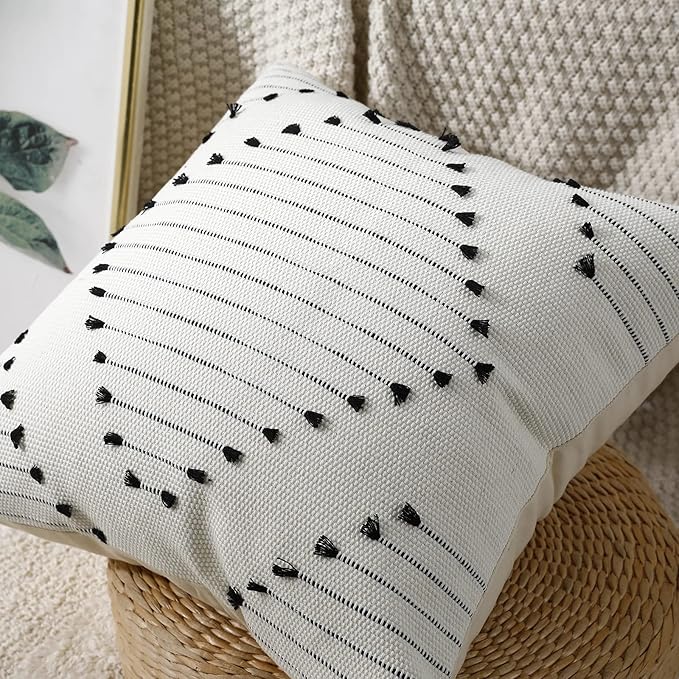 PANOD Knitted Boho Tufted Throw Pillow Covers with Tassel 18x18 inch, Decorative Indoor Outdoor Bohemian Square Cushion case Pillowcase for Couch Sofa Livingroom car Farmhouse Black and Cream White